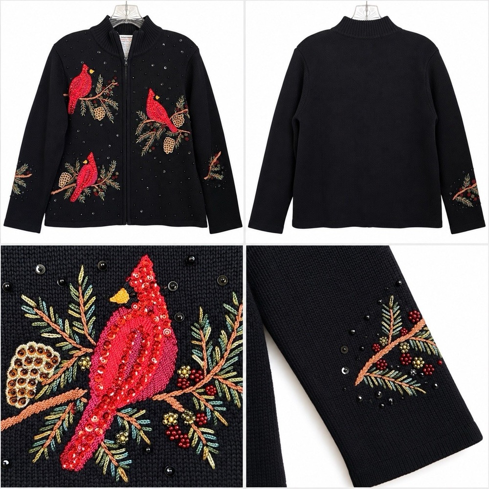 Vintage Cardigan Size M Black Cardinal Bird Embroidered Beaded Whimsical Holiday